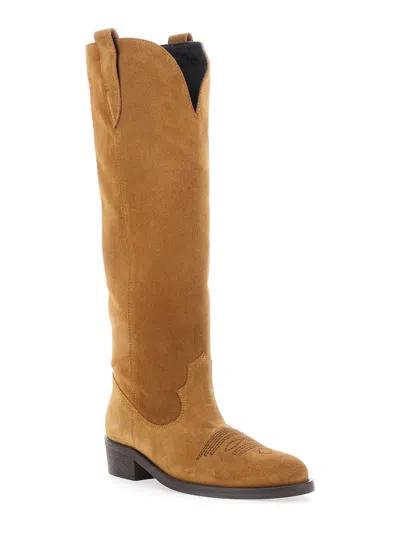Via Roma 15 Tall Suede Boots With Decorative Cutout In Brown