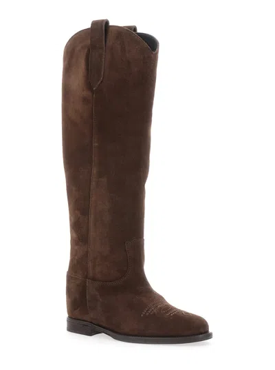 Via Roma 15 Tall Brown Suede Boots With Subtle Stitching In Black
