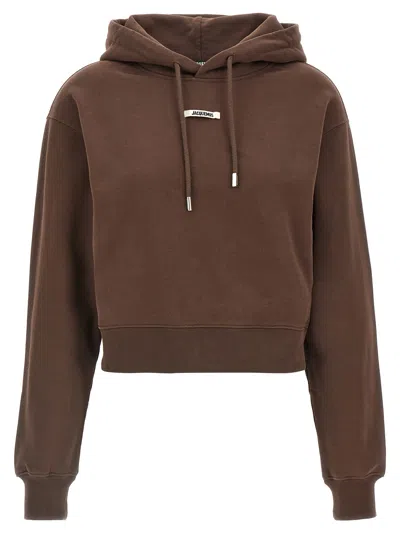 Jacquemus Drawstring Hood Gros-grain Hoodie In Brown