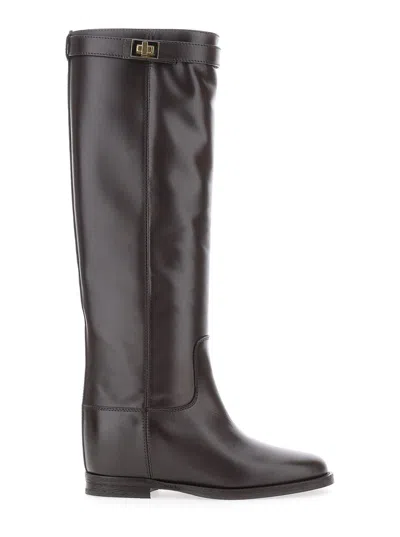 Via Roma 15 Brown Tall Boots With Decorative Buckle In Gray