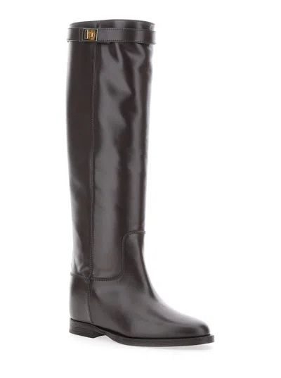 Via Roma 15 Brown Tall Boots With Decorative Buckle In Gray