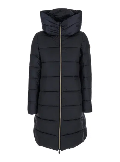 Save The Duck Lysa Black Long Down Jacket With Logo Detail In Shiny Fabric Woman In Black