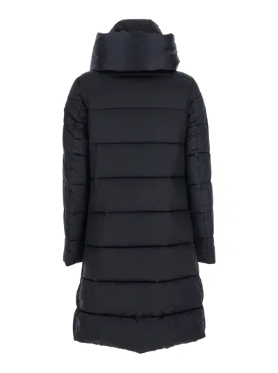 Save The Duck Lysa Black Long Down Jacket With Logo Detail In Shiny Fabric Woman In Black