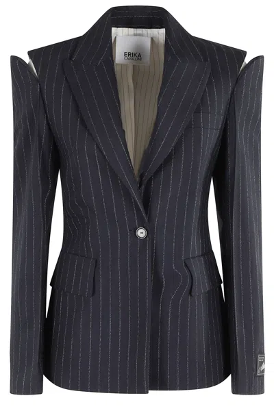 Erika Cavallini Pinstripe Cut-shoulder Blazer In Black