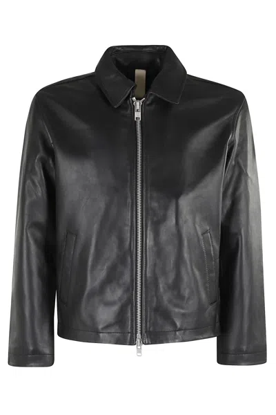 Sunflower Black Crop Jacket With Classic Collar And Dropped Shoulders In Leather Man In Black