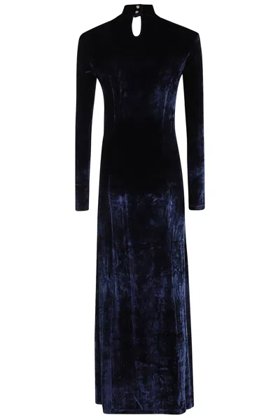 Rabanne Mock-neck Asymmetric Ruched Velvet Midi Dress In Blue