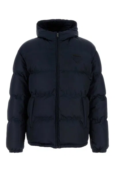 Prada Hooded Quilted Down Jacket With Side Pockets In Blue