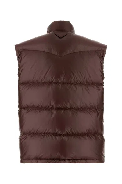 Prada Chocolate Re-nylon Sleeveless Down Jacket In Burgundy