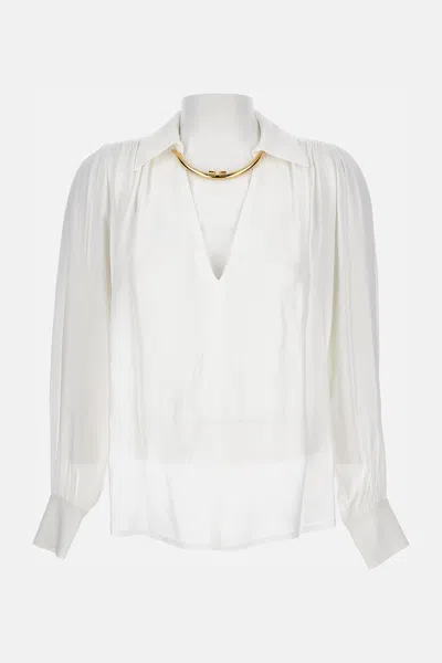 Elisabetta Franchi Pleated Shoulder Long Sleeve Shirt With Gold Hardware In White