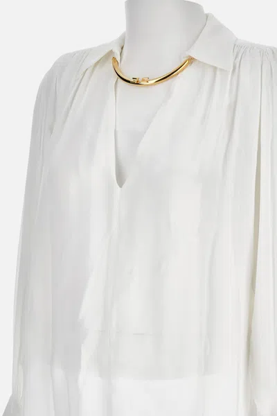 Elisabetta Franchi Pleated Shoulder Long Sleeve Shirt With Gold Hardware In White