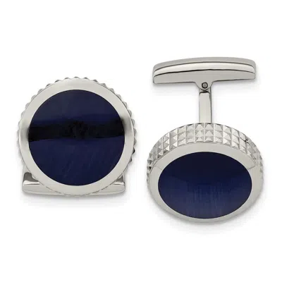 Diamond2deal Stainless Steel Polished Blue Cat's Eye Textured Edge Circle Cufflinks