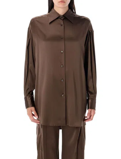 Tom Ford Stretch Silk Satin Relaxed Fit Shirt In Brown