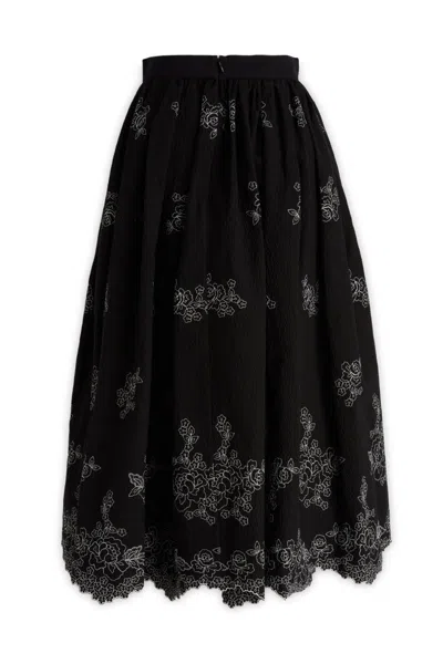 Erdem Floral-embroidered Seersucker Midi Skirt In Black
