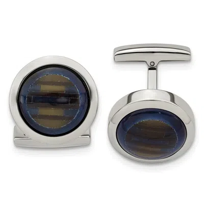 Diamond2deal Stainless Steel Polished Blue And Brown Cat's Eye Circle Cufflinks