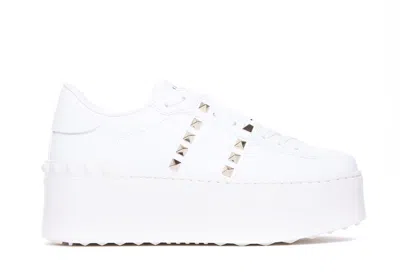 Valentino Garavani Flatform Rockstud Untitled Trainer In Calfskin And Wool Woman White 39 In White