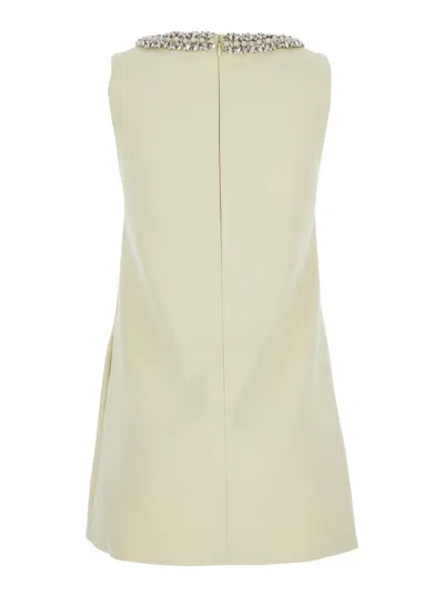 Self-portrait Yellow Crewneck Mini Dress With Jewel Embellishment On The Collar And Bow Detail On The Front In Tec In Nude