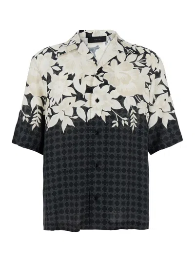 Amiri Garden Black Bowling Shirt With Cuban Collar And All-over Floral Print In Tech Fabric Man