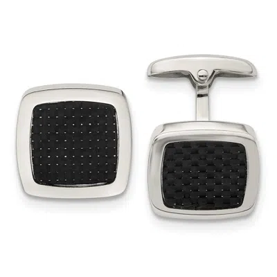 Diamond2deal Stainless Steel Polished Black Carbon Fiber Inlay Rounded Square Cufflinks