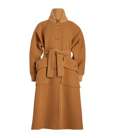 Patou Ribbed-collar Tied-waist Coat In Brown