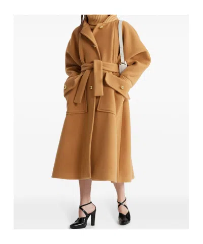 Patou Ribbed-collar Tied-waist Coat In Brown