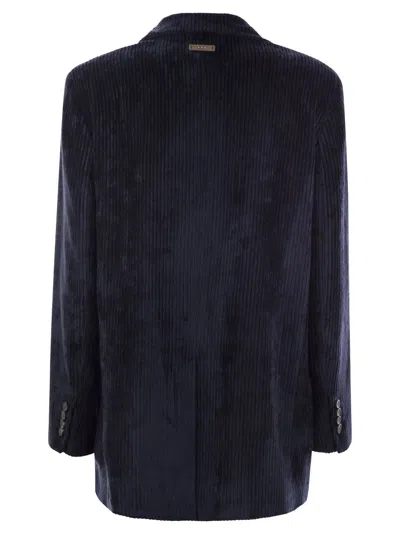 Peserico Double-breasted Velvet Blazer With Classic Lapels In Blue