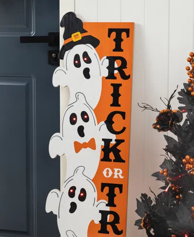 Glitzhome 42" Lighted Halloween Wooden Stacked Ghost With Trick Or Treat Porch Sign With Timer