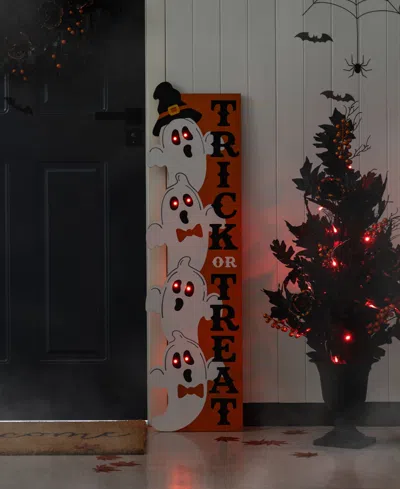 Glitzhome 42" Lighted Halloween Wooden Stacked Ghost With Trick Or Treat Porch Sign With Timer