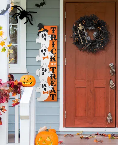 Glitzhome 42" Lighted Halloween Wooden Stacked Ghost With Trick Or Treat Porch Sign With Timer