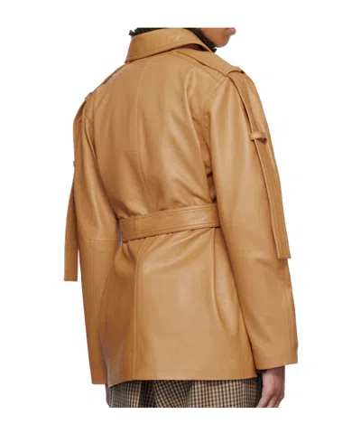 Victoria Beckham Tan Belted Boxy Leather Jacket In Brown