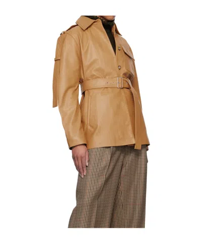 Victoria Beckham Tan Belted Boxy Leather Jacket In Brown