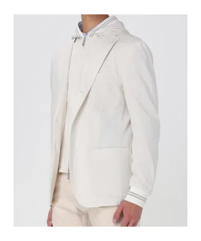 Eleventy Hooded Blazer With Front Pockets And Ribbed Sleeves In White