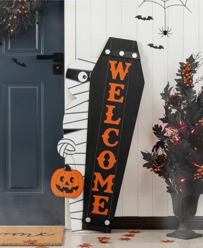 Glitzhome Halloween Wood Mummy And Welcome Coffin Porch Decor, Set Of 2