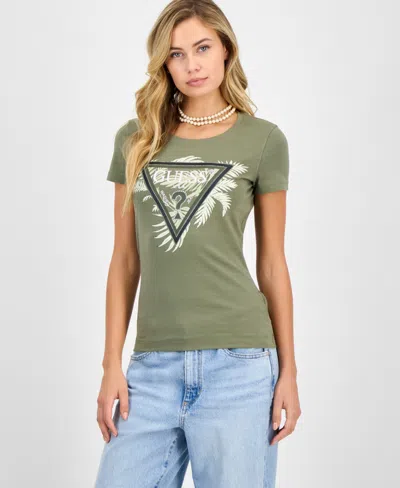Guess Women's Palm-print Triangle Logo T-shirt In Green