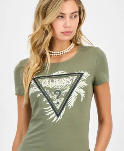Guess Women's Palm-print Triangle Logo T-shirt In Green