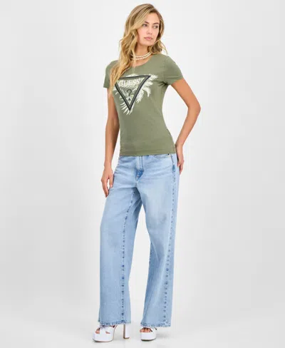 Guess Women's Palm-print Triangle Logo T-shirt In Green