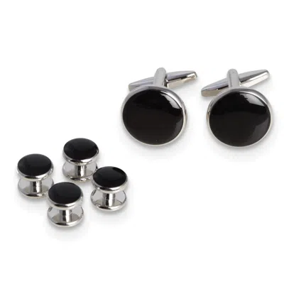 Diamond2deal Rhodium-plated Black Enameled Cuff Link And Tuxedo Studs Set