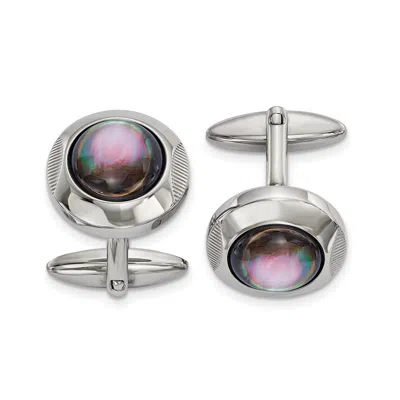 Diamond2deal Stainless Steel Polished Black Mother Of Pearl Circle Cufflinks