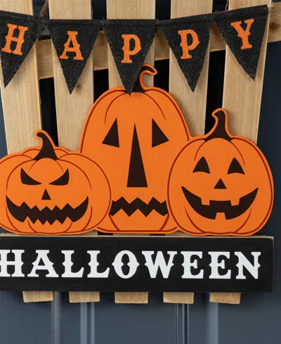 Glitzhome 14" Halloween Wood Jack-o'-lantern Door Hanger