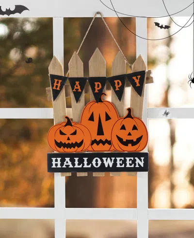Glitzhome 14" Halloween Wood Jack-o'-lantern Door Hanger