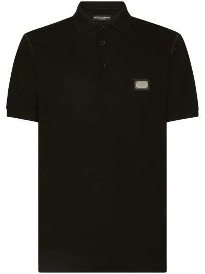 Dolce & Gabbana Dark Gray Logo Plaque Cotton Men Polo Shirt T-shirt In Black