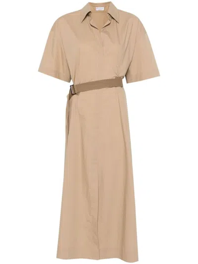 Brunello Cucinelli Cotton Poplin Chemiser Dress With Adjustable Belt In Brown