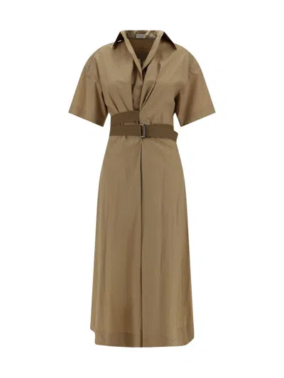 Brunello Cucinelli Cotton Poplin Chemiser Dress With Adjustable Belt In Brown