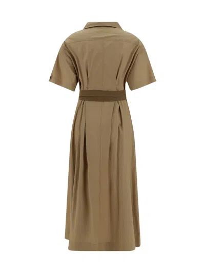 Brunello Cucinelli Cotton Poplin Chemiser Dress With Adjustable Belt In Brown