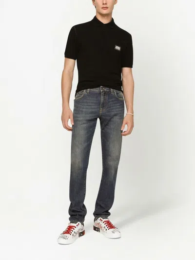 Dolce & Gabbana Dark Gray Logo Plaque Cotton Men Polo Shirt T-shirt In Black