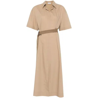 Brunello Cucinelli Cotton Poplin Chemiser Dress With Adjustable Belt In Brown