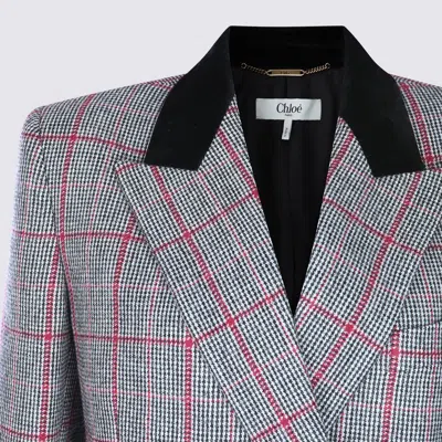 Chloé Double-breasted Velvet-trimmed Checked Wool Blazer In Gray