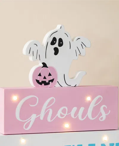 Glitzhome 11.75" Halloween Lighted Pink Wooden Ghost Block Word Sign