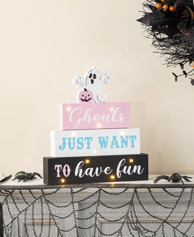 Glitzhome 11.75" Halloween Lighted Pink Wooden Ghost Block Word Sign