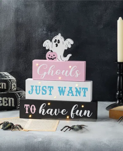 Glitzhome 11.75" Halloween Lighted Pink Wooden Ghost Block Word Sign