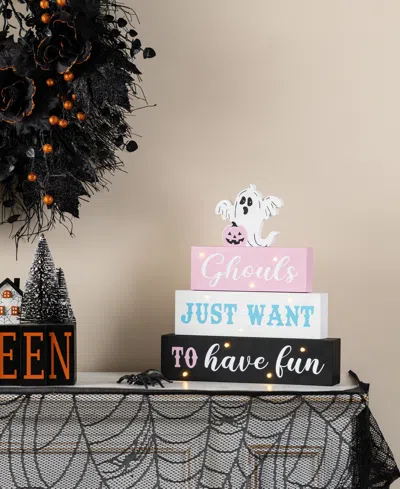 Glitzhome 11.75" Halloween Lighted Pink Wooden Ghost Block Word Sign